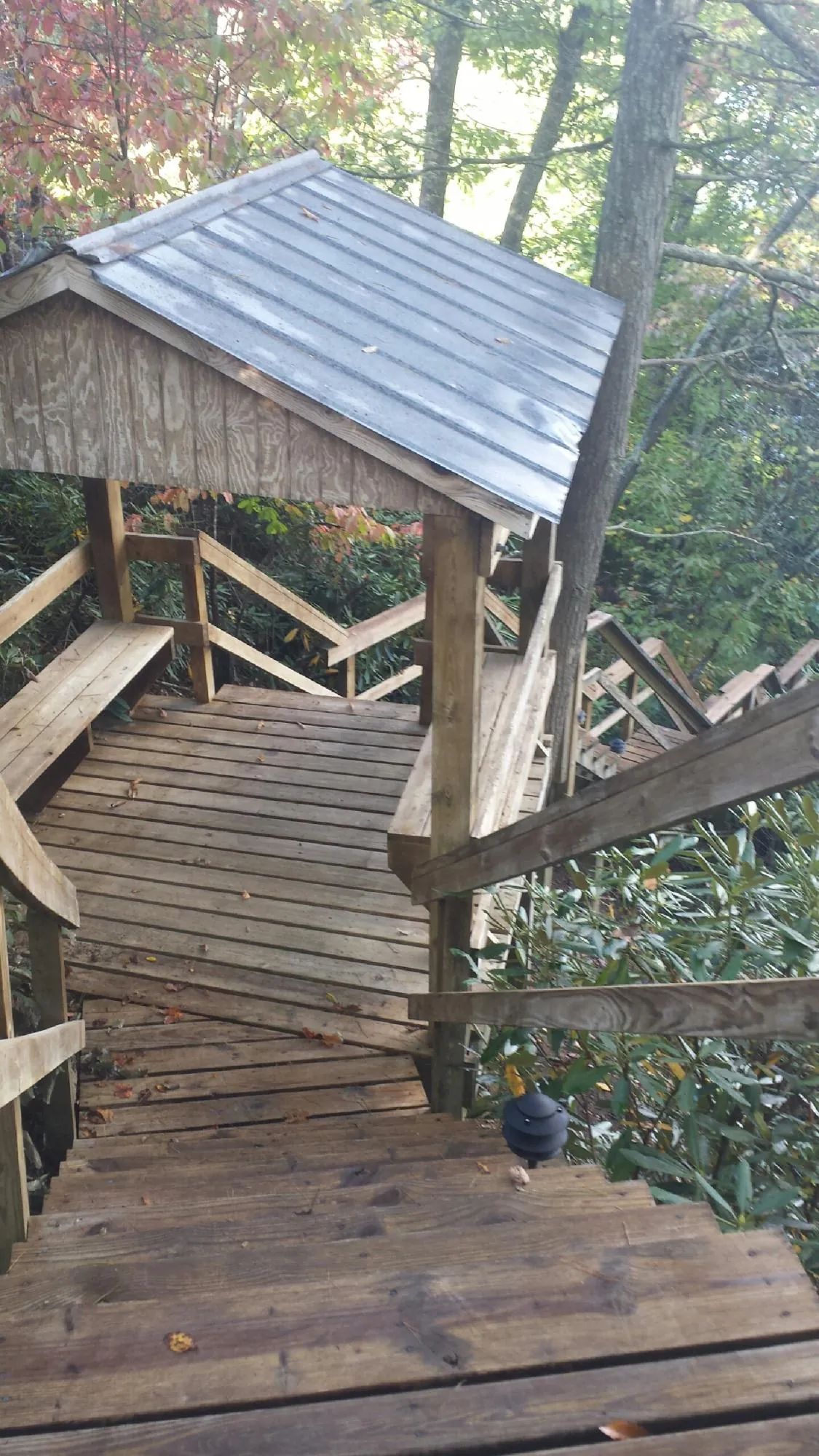 Metal roofed shelter over wooden steps on a wooded walkway — Skylight Repair & Installation work by our crew in Markleton